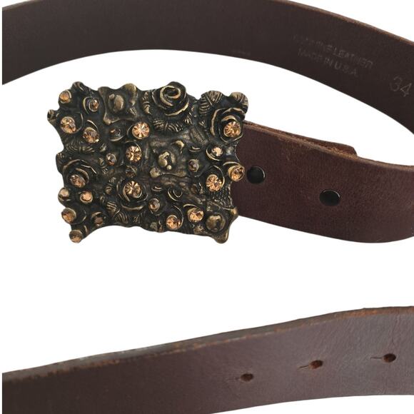 Genuine Brown Leather Belt with Rhinestone Embellished Buckle - Picture 4 of 7